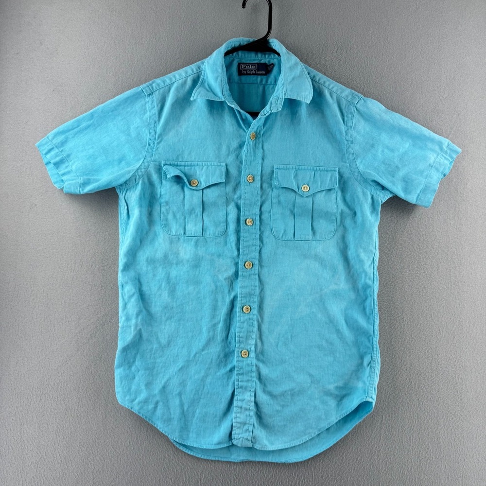 Polo Ralph Lauren Shirt Mens Small Blue Linen Cotton Blend Flap Pocket FLAWS